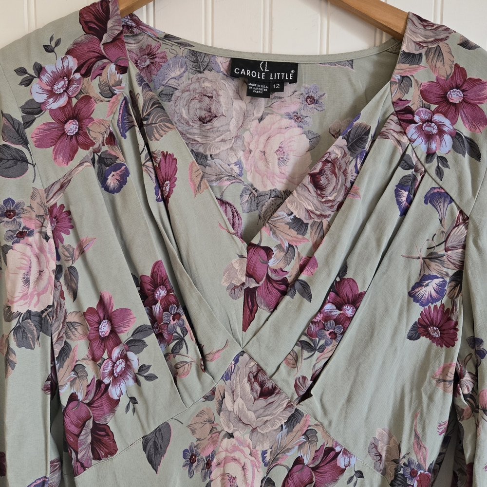 Carole Little Vintage 90's Sage Green Floral V-Neck A-line Maxi Dress - Picture 2 of 11